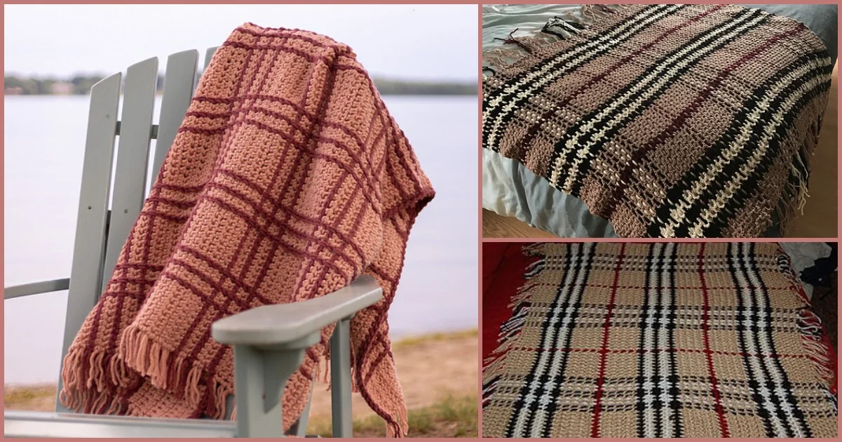 Three plaid blankets: a cozy plaid blanket draped over a chair by the lake, and two laid flat, one on a bed and another on a surface.