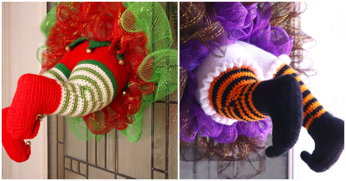 Two prank holiday wreaths feature whimsical knitted elf legs: one set with festive red and green stripes, the other with mischievous black and orange stripes.