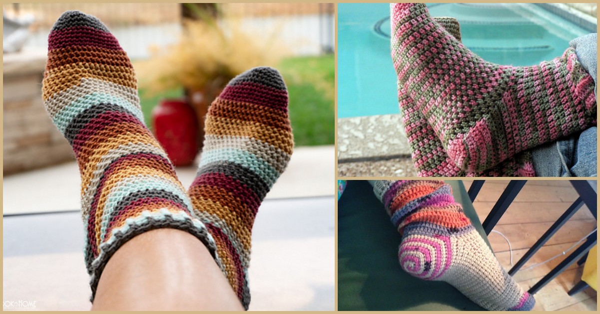 Three images showcase feet adorned in beautifully crocheted socks. These exquisite designs feature a vibrant array of striped and multicolored patterns, each crafted in diverse shades.