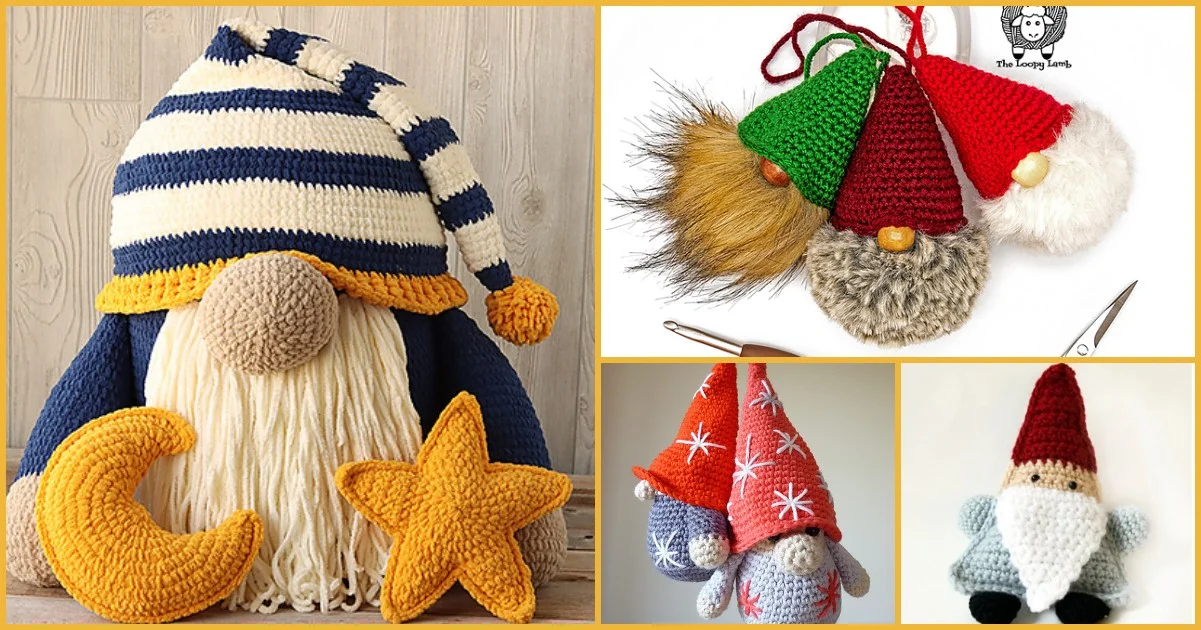 The display is all about gnomes; crocheted figures and ornaments don colorful hats adorned with striped, star, and moon patterns against a wooden background.