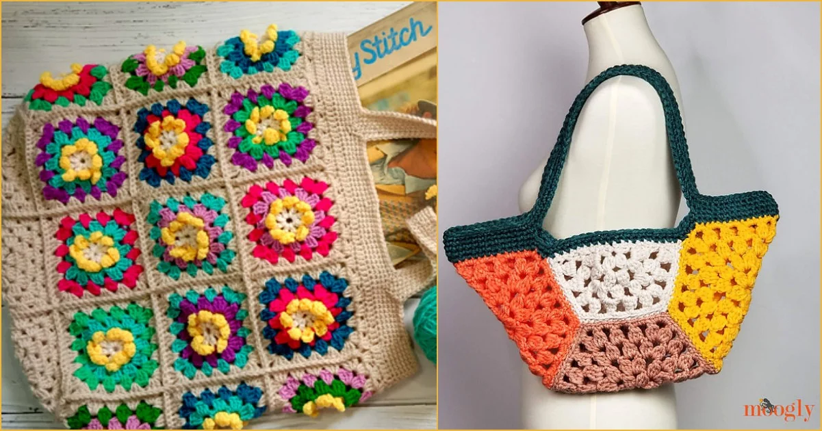 Two crochet tote bags: one granny bag with colorful floral squares and beige borders, the other featuring vibrant geometric patterns in teal, orange, yellow, and pink on a mannequin.