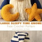 Crocheted gnome in a striped hat holding a moon and star, with text: 