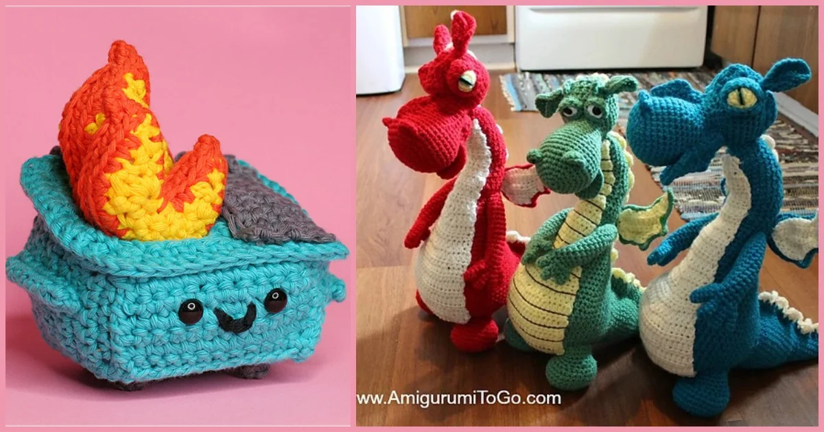 A burning crochet project brings to life crocheted figures: a vibrant dumpster with flames and three colorful dragons, all artfully posed on a wooden surface.