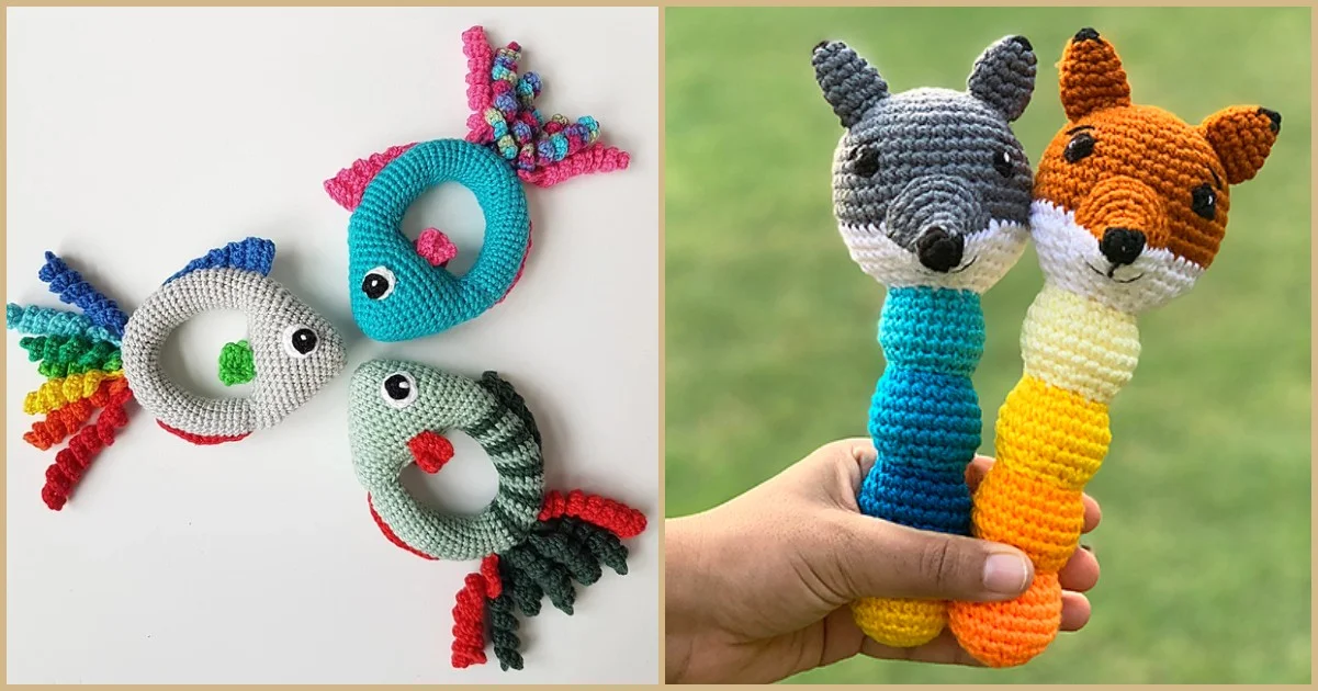 Crocheted baby rattles: two fish-shaped on the left, with red and green tails; on the right, a kangaroo and fox design on stick handles, held by a hand.