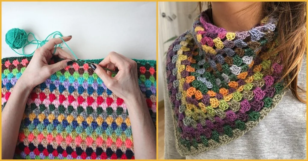 The left side displays hands skillfully crocheting a colorful blanket with yarn, while the right side features a person wrapped in a multicolored crochet scarf, reminiscent of a cozy granny shawl.