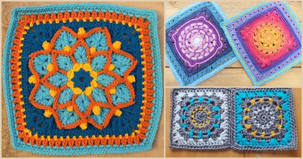 Four colorful afghan squares with intricate patterns, featuring a mix of geometric and floral designs. Each square is unique, showcasing a variety of colors and textures.