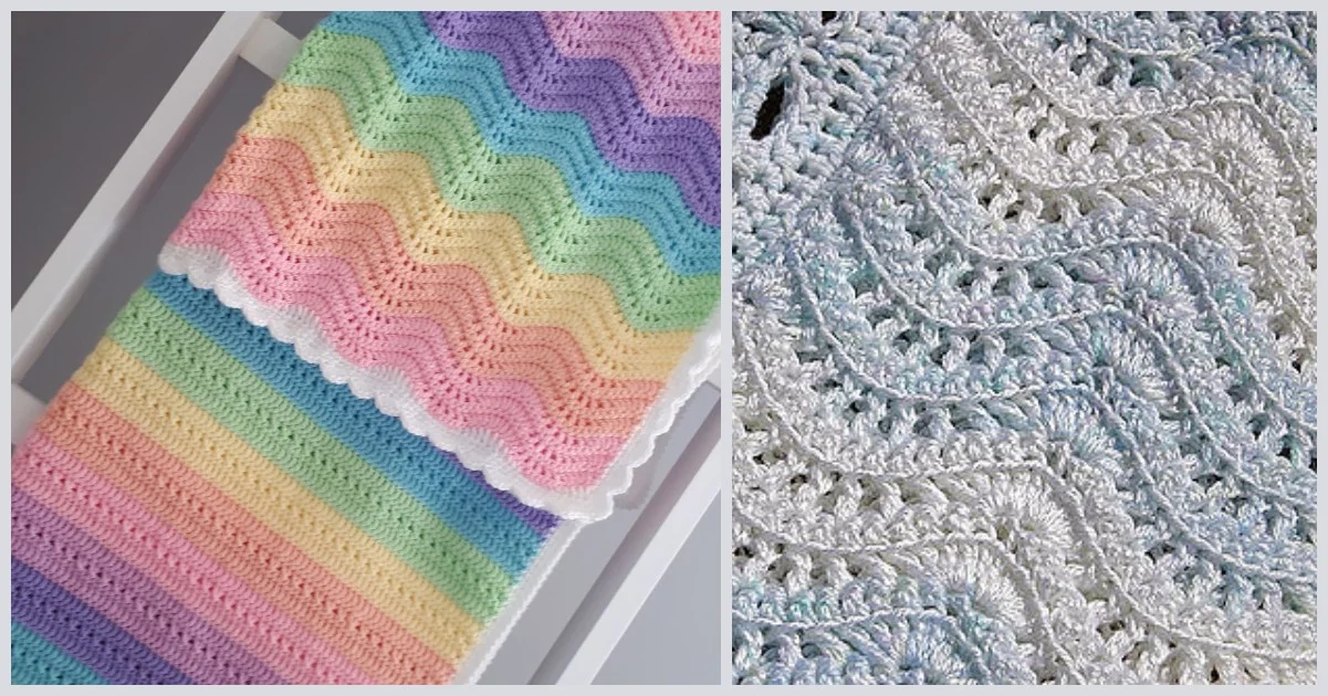 A colorful crocheted blanket featuring wavy stripes reminiscent of the feather and fan stitch lies next to a close-up of a detailed white crocheted pattern.