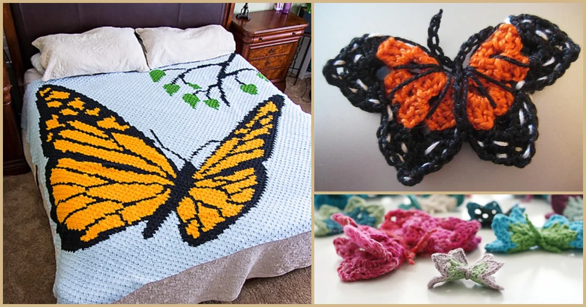 Explore creative butterfly project ideas with our collection: a crocheted blanket featuring a large butterfly design, a charming small butterfly decoration, and several colorful crocheted butterfly accents.