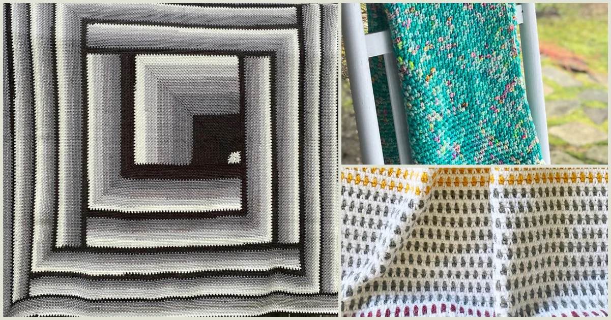 A collage featuring three crochet creations: a black and white spiral design, a colorful pattern draped over a chair, and a textured moss stitch blanket in white with small colored accents.