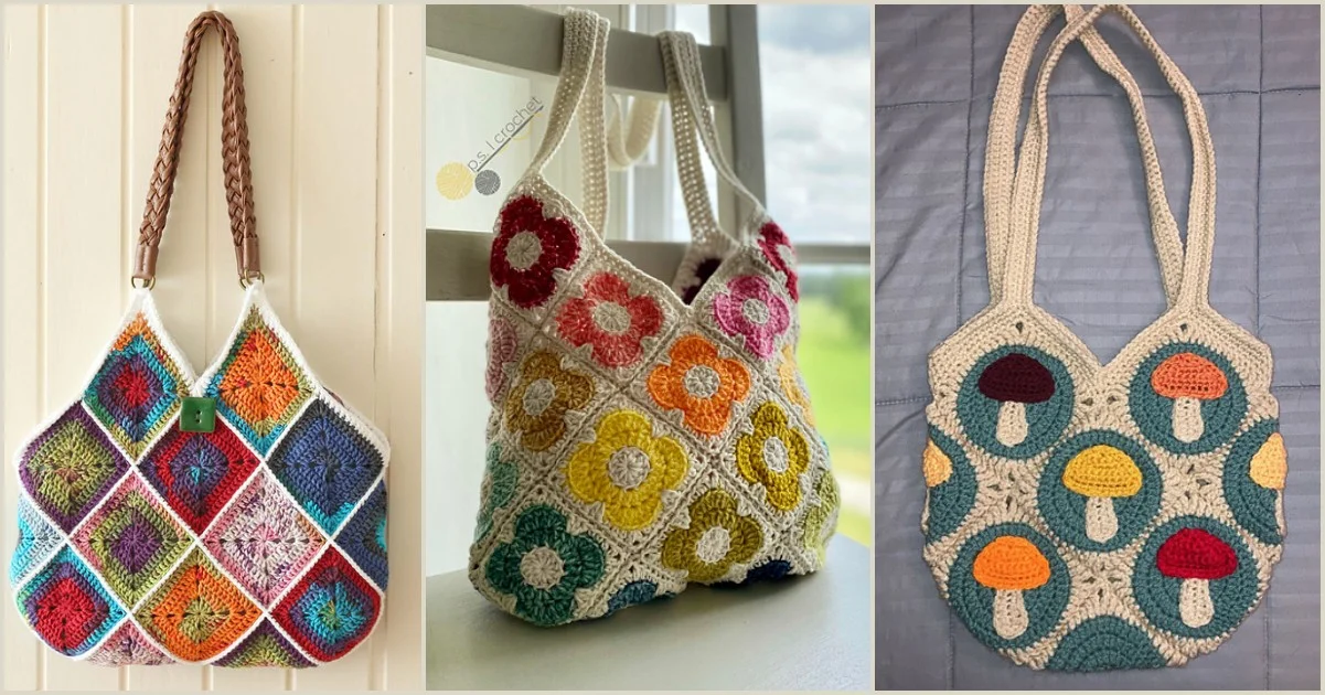 Three crochet bags with colorful designs: a square bag featuring a diamond pattern, another adorned with floral motifs, and one showcasing mushroom imagery. Each has unique handles and vibrant stitches.