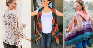 Three women wearing crocheted cardigans: the first in lace, the second in rainbow stripes, and the third in gradient stripes with an asymmetric front.