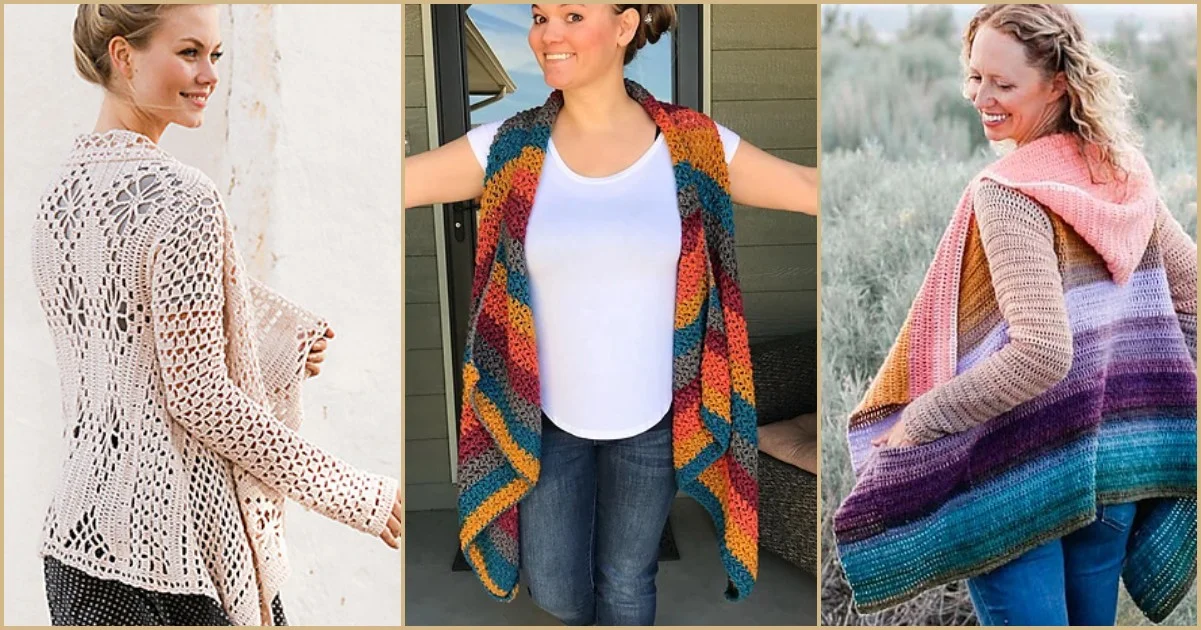 Three women wearing crocheted cardigans: the first in lace, the second in rainbow stripes, and the third in gradient stripes with an asymmetric front.