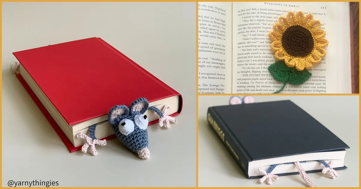 Amazing crocheted bookmarks shaped like a mouse and a sunflower are placed inside books, with the mouse bookmark nestled in red and black books and the sunflower resting elegantly in an open book.