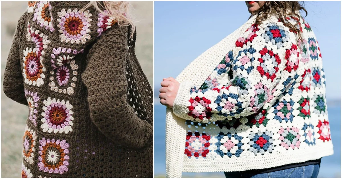 Two people wearing crochet granny square cardigans with vibrant patterns, one in earthy brown tones and the other in white with striking blue and red accents.