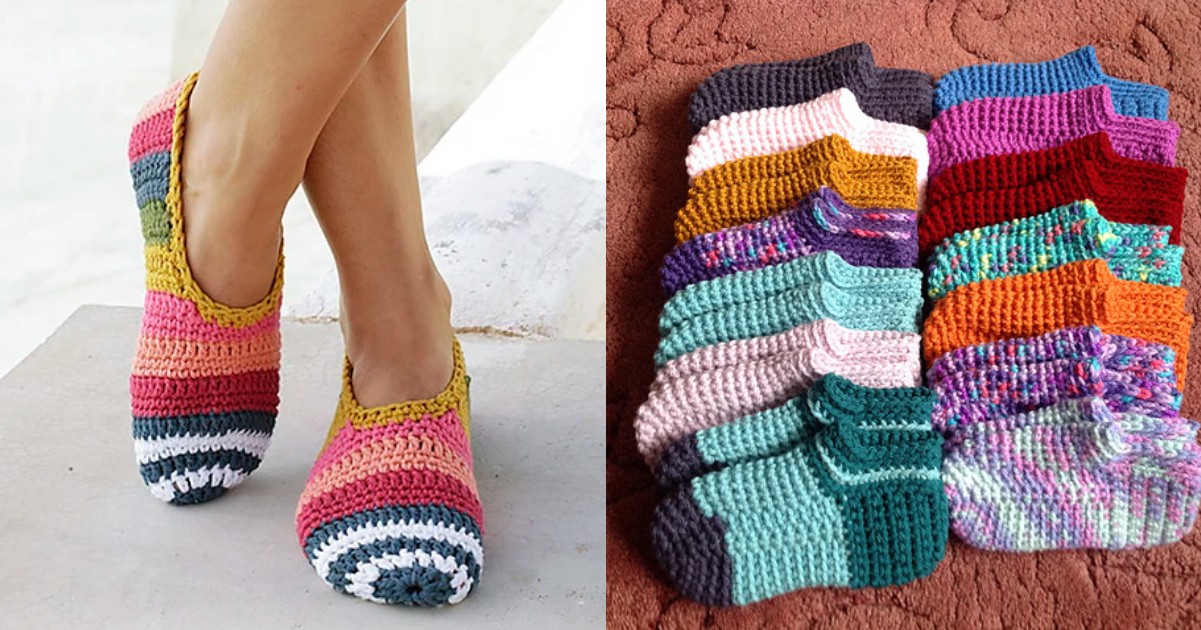 A pair of feet wearing colorful crochet slippers, reminiscent of cozy spa slippers, with an array of multicolored options on display to the right.