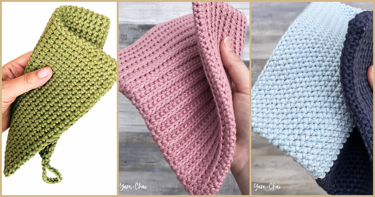 Three images show hands holding crochet dishcloths in green, pink, and light blue. Each cloth features a textured pattern reminiscent of cozy farmhouse potholders.