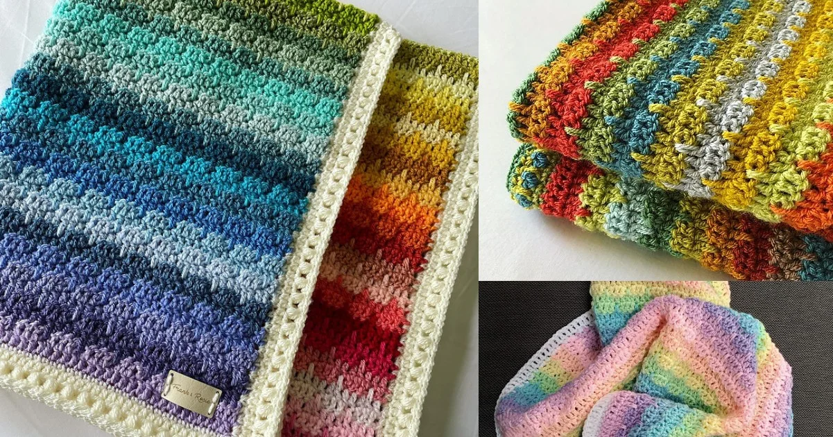 Three images of crocheted dahlia blankets, each boasting vibrant rainbow color gradients and intricate stitch patterns.