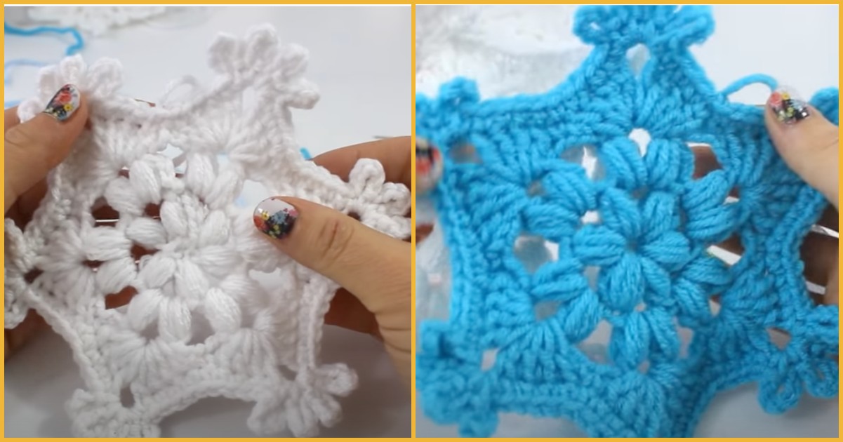 Two close-up shots of hands holding intricately crocheted, puffy snowflakes; one is white, the other blue. The person features colorful nail art.