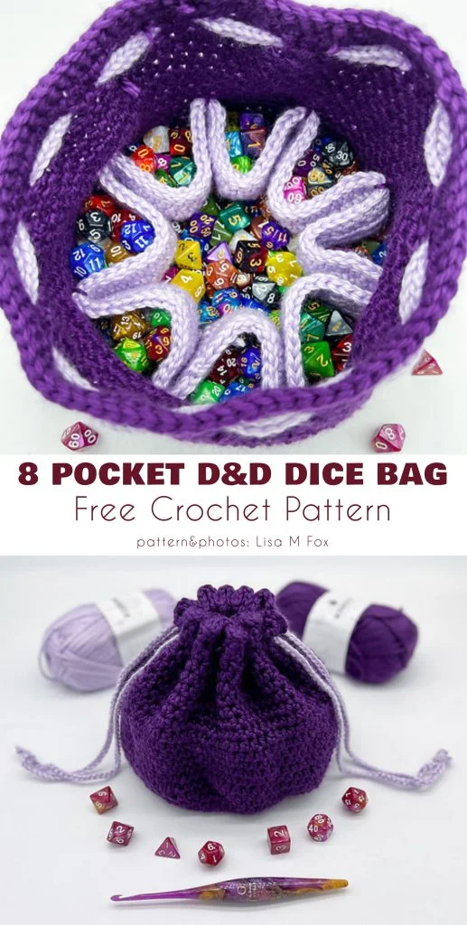 A purple crochet dice bag with eight pockets, filled with colorful dice, shown open and closed, with yarn and hook nearby. Discover free crochet drawstring hobo bag patterns—text advertises a free crochet pattern included!.