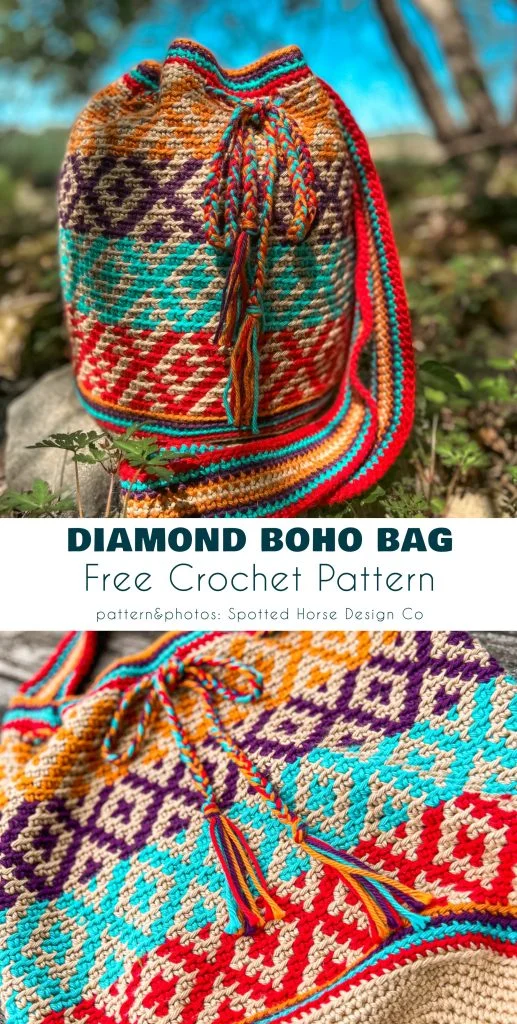 Handmade crochet boho bag with a colorful diamond pattern, braided drawstring, and tassels displayed outdoors. Text overlay highlights Free Crochet Drawstring Hobo Bag Patterns available for download.