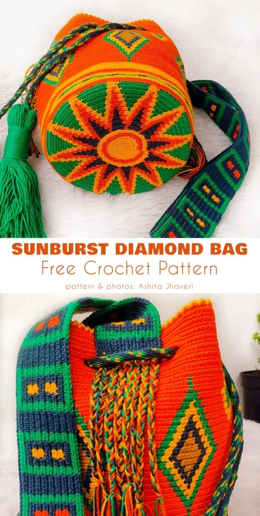 A round crochet bag with orange, green, and yellow sunburst and diamond patterns, featuring a wide patterned strap and a large green tassel—perfect for those who love Free Crochet Drawstring Hobo Bag Patterns.