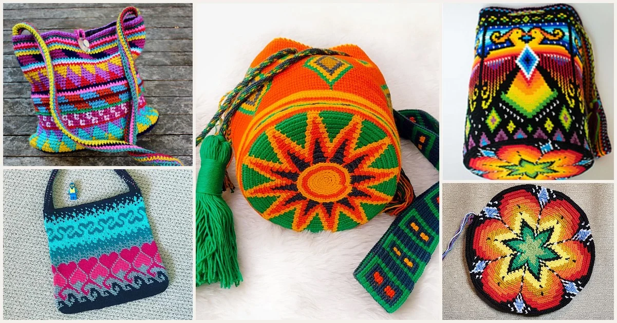 A collage of five colorful woven bags, including a vibrant drawstring purse, showcases intricate geometric shapes and traditional designs on various backgrounds.