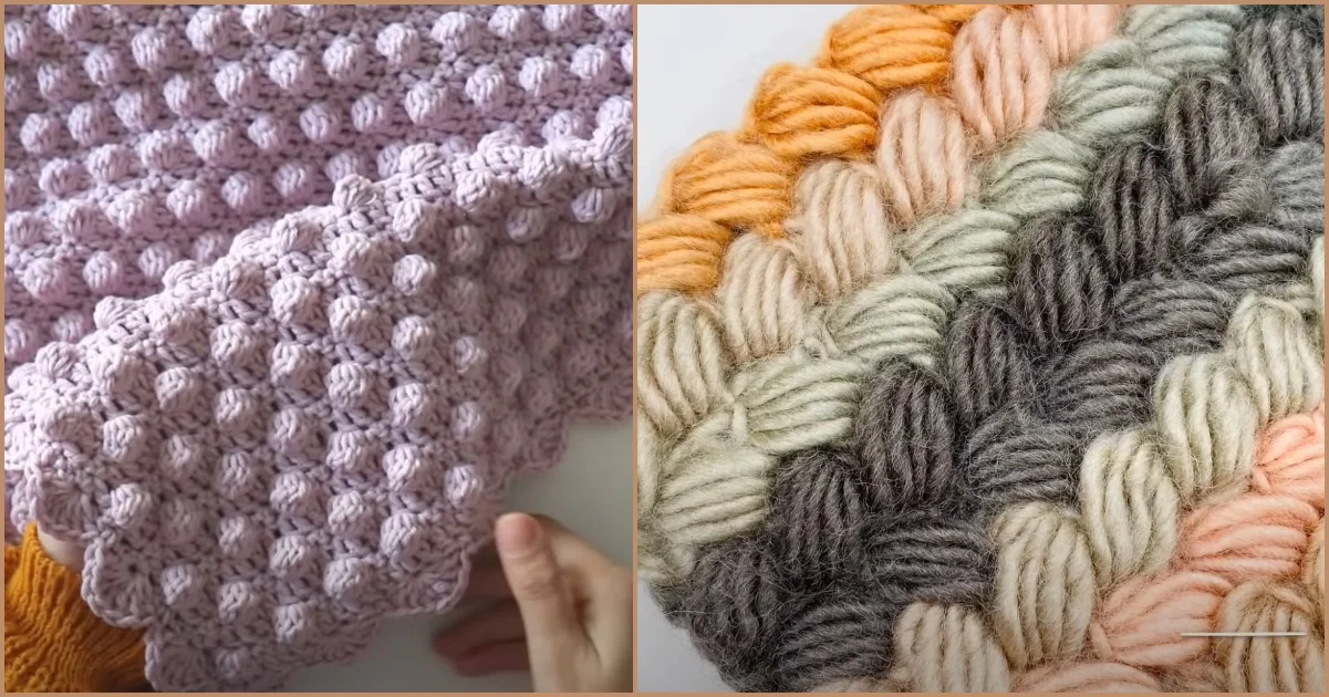 Close-up of a hand holding a lilac crochet blanket with bobble stitch on the left, and a textured multicolored yarn pattern on the right in shades of orange, pink, green, and gray. This beautifully crafted creation showcases the artistry of a textured blanket.