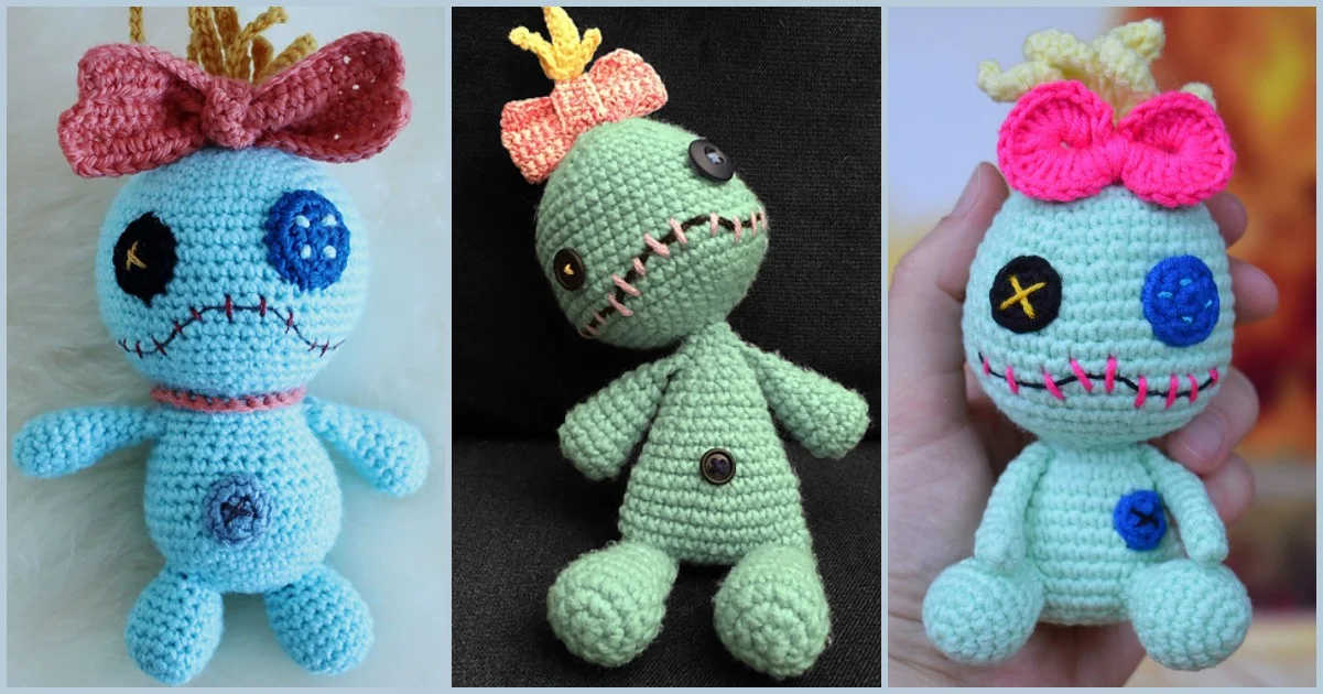 Three handmade crochet dolls, reminiscent of scrump dolls, feature button eyes and stitched mouths. Each boasts colorful yarn hair and unique designs, with varying colors and intricate detailing that capture a playful charm.