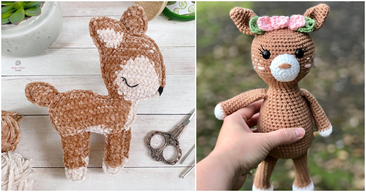 Two crocheted fawn amigurumi plushies: the left one stands with a calm expression next to scissors, while the right one is gently held by a hand, adorned with a floral headband.