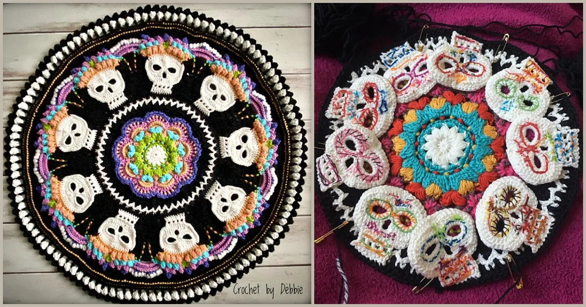 Two circular crocheted pieces with skull motifs evoke Dia de los Muertos, one featuring a black background with colorful patterns and the other showcasing multicolored designs on a lighter background.