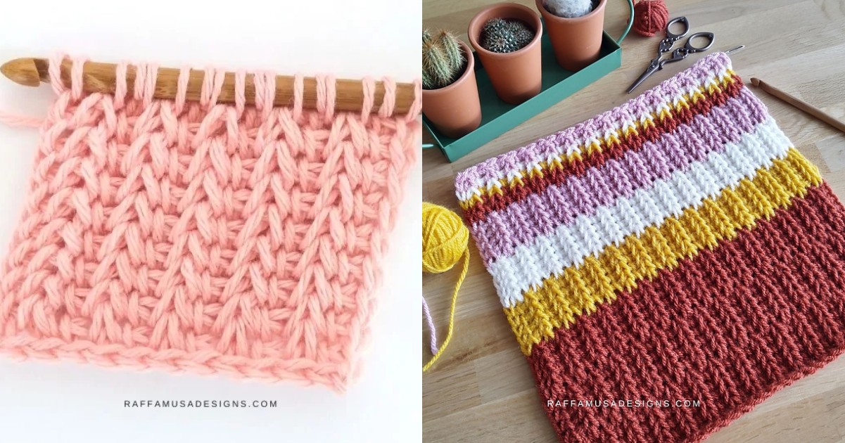 Two knitting projects: On the left, a pink Tunisian swatch on a wooden needle; on the right, a multicolored striped Saloniki stitch piece with yarn and tools nearby.