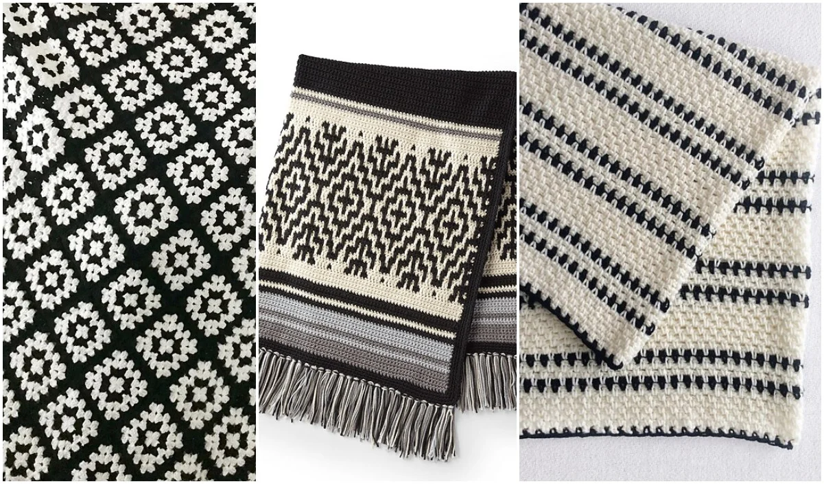 Three black and white woven textiles: a diamond-patterned rug, a fringed geometric design, and a striped piece. Perfectly complement these with black and white throw blankets for an elegant, cohesive look.