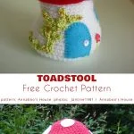Crocheted toadstool with a red cap and white polka dots, featuring a small crocheted door and window. Perfect as an enchanting addition to your cozy space. Text reads 