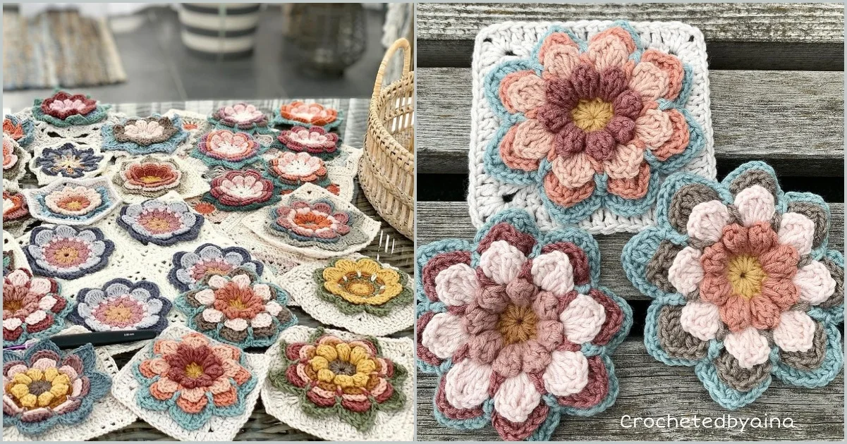 Crocheted floral patterns in various colors are displayed on a table, with a close-up of three water lily square pieces featuring layered flower designs.