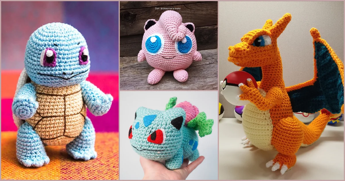 Four crocheted Pokémon figures are displayed: Squirtle, Jigglypuff, Bulbasaur, and Charizard. Charizard is holding a Poké Ball. Explore these free Pokémon crochet patterns to craft your own collection.