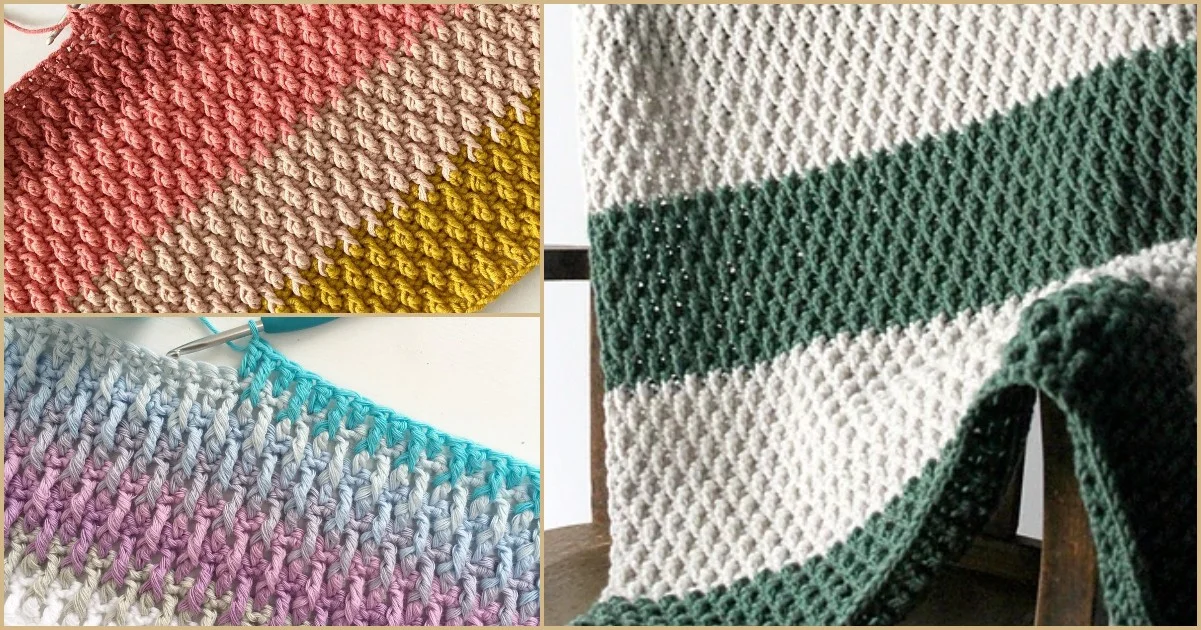 Three close-up views of knitted blankets, including a solid blanket in pastel hues: one with pink, beige, and yellow stripes; another with purple, blue, and gray hues; and one adorned with green and white stripes.