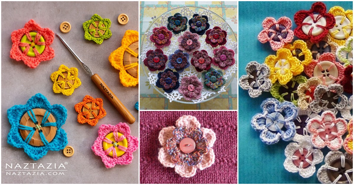 A vibrant collage of crochet flowers with charming flowered button centers in various colors, accompanied by a crochet hook.