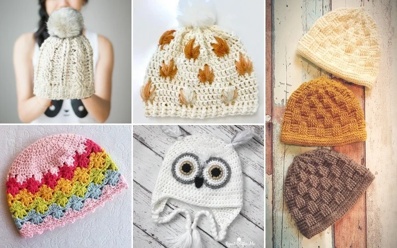 A collage of crocheted hats with owls and owls.