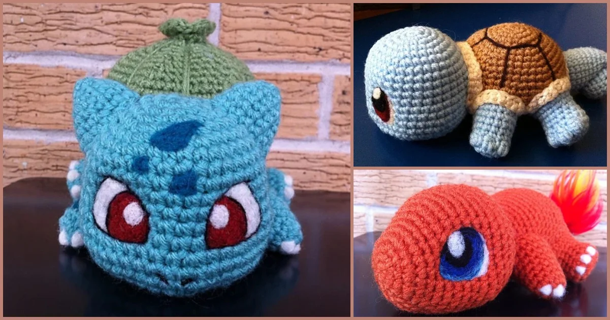 Three crocheted plush toys: a blue dinosaur with a green bulb, a blue turtle with a brown shell, and an orange lizard with a flame tail, reminiscent of baby Pokémon, set against a brick wall and blue backdrop.