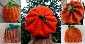 A delightful collage of knitted pumpkin hats, showcasing a charming beret-style hat adorned with a green leaf and stem detail, adds a playful twist to seasonal accessories.