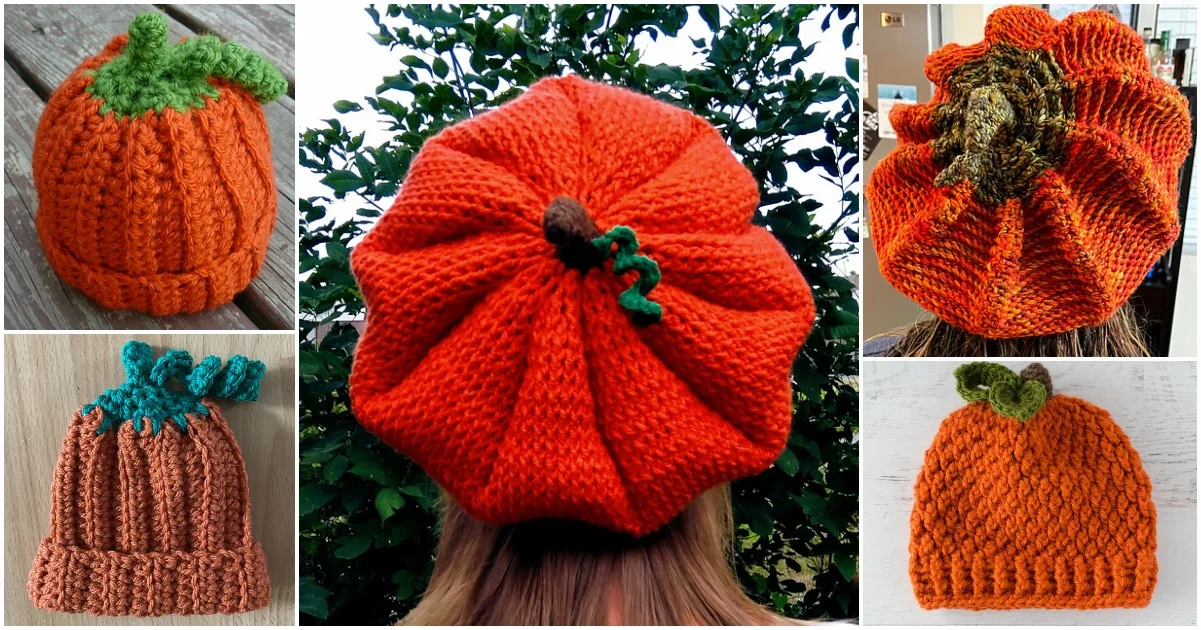 A delightful collage of knitted pumpkin hats, showcasing a charming beret-style hat adorned with a green leaf and stem detail, adds a playful twist to seasonal accessories.