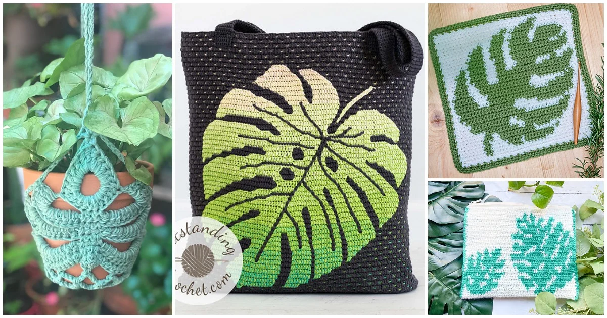 A collage of crochet items perfect for monstera lovers must have, featuring leaf designs on a plant hanger, tote bag, and coasters in soothing green and white tones.