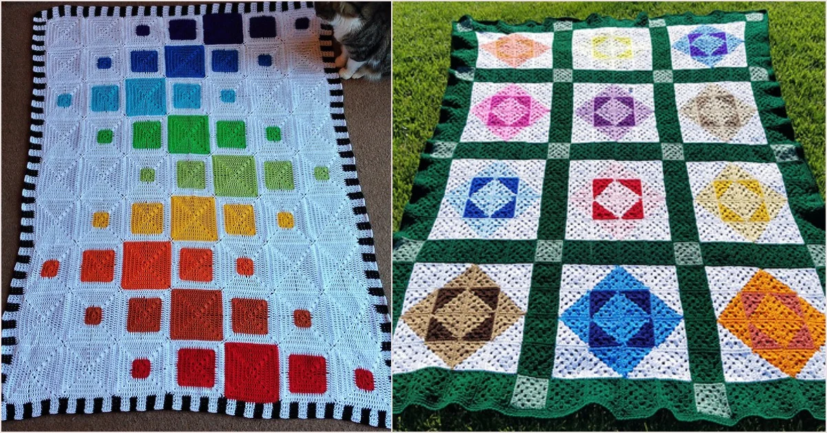 Two crocheted blankets: the left showcases a gradient of colorful squares on a white background; the right features quilt-inspired geometric patterns with multicolored squares on a green and white backdrop.