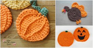 Three images of crocheted items: pumpkin-shaped fall coasters, a turkey with a hat, and a jack-o'-lantern face. Made with orange and brown yarn on a wooden surface and white background.