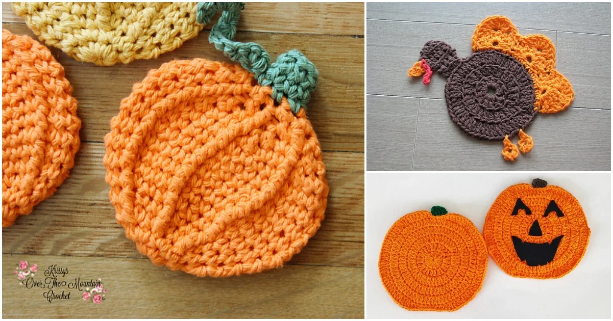 Three images of crocheted items: pumpkin-shaped fall coasters, a turkey with a hat, and a jack-o'-lantern face. Made with orange and brown yarn on a wooden surface and white background.