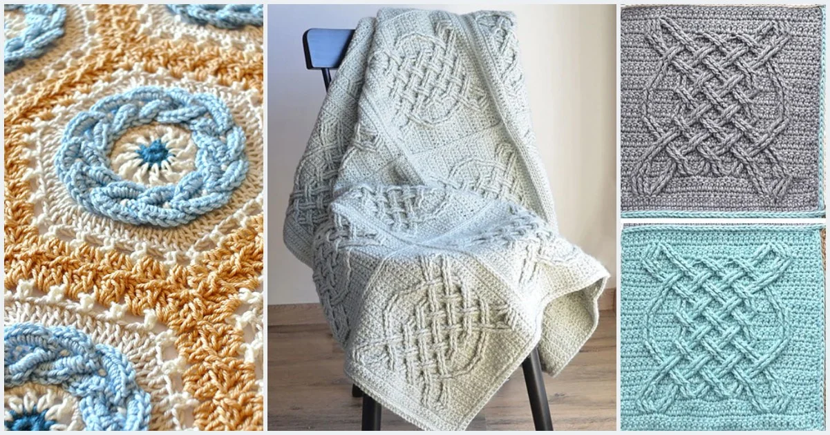 A collage of crochet cable blankets featuring intricate patterns in various colors, including blue, beige, grey, and white, elegantly draped over a chair and laid flat.