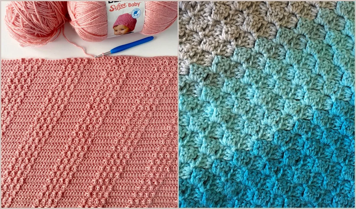 Two crochet projects: one pink with yarn and hook, the other a close-up of a textured, gradient pattern with diagonal stripes transitioning from beige to blue.