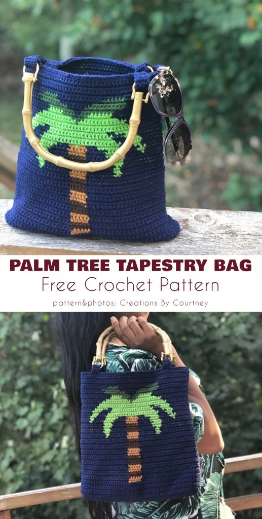 A navy blue crochet bag with bamboo handles and a green palm tree design features sunglasses hooked onto the handle. Text reads "Palm Tree Tapestry Bag Free Crochet Pattern." Discover more with free crochet drawstring hobo bag patterns.
