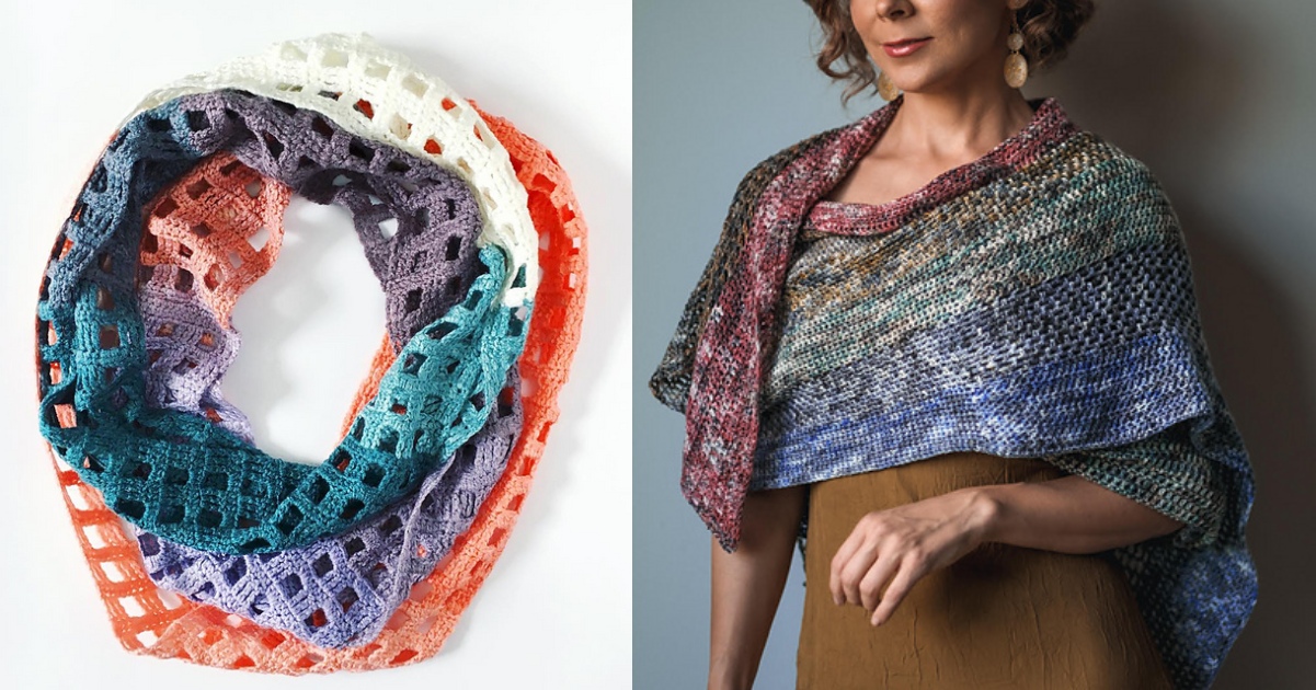 A colorful, crocheted scarf in purple, blue, orange, and white is shown. Beside it, a person models an autumn rectangle shawl in earthy tones over a brown dress.