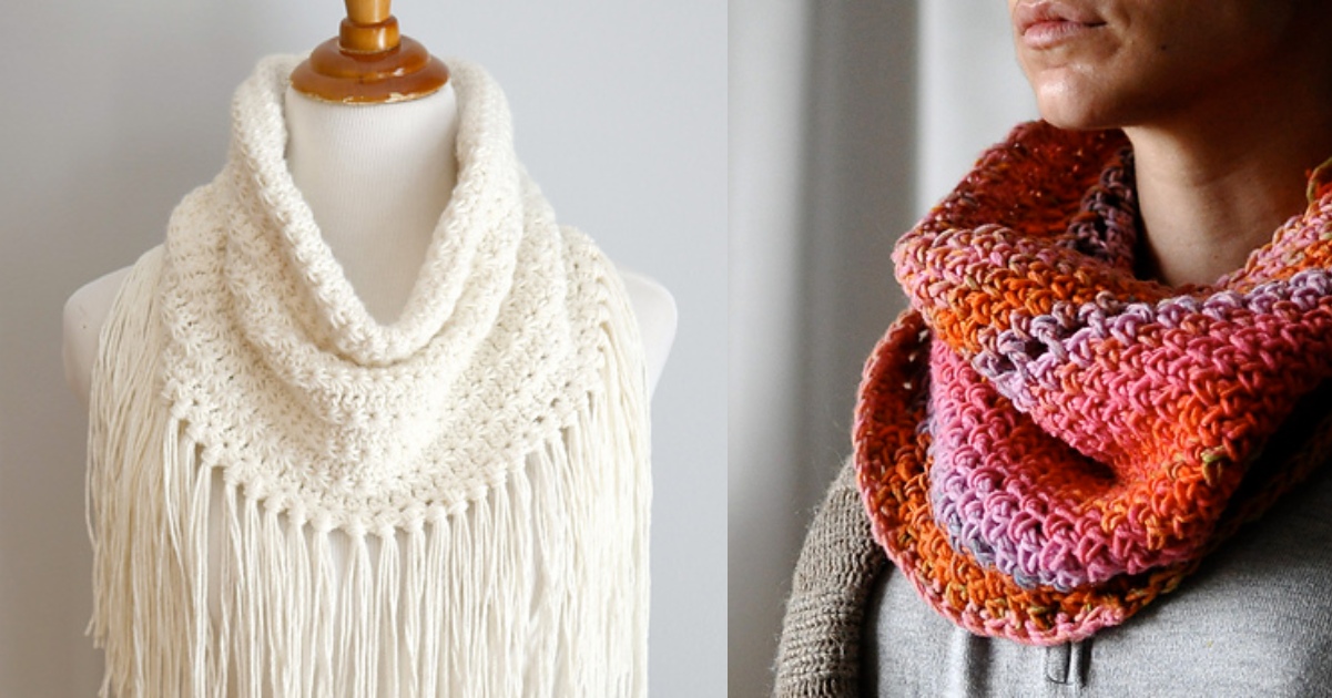 Left: A white fringed crochet cowl drapes elegantly on a mannequin. Right: A vibrant, multicolored crochet cowl adds flair to the wearer’s ensemble.